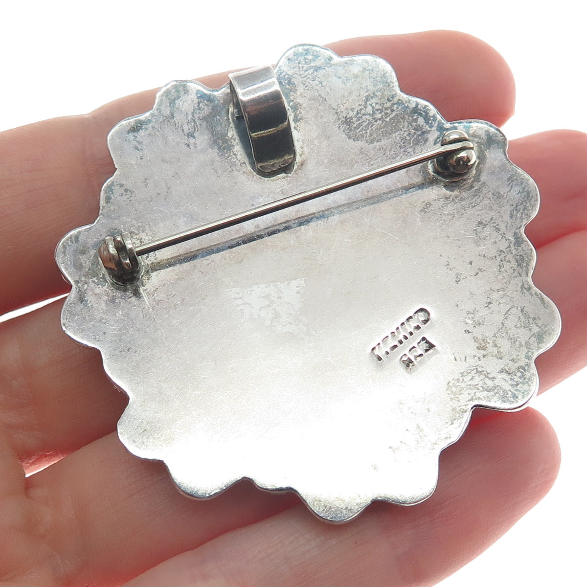 925 Sterling Silver Vintage Mexico Floral Beaded Oxidized Pin Brooch / Pendant