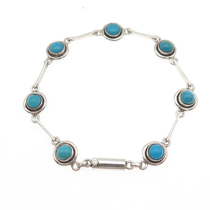 Old Pawn Sterling Silver Vintage Turquoise Station Link Tribal Bracelet 7.25"