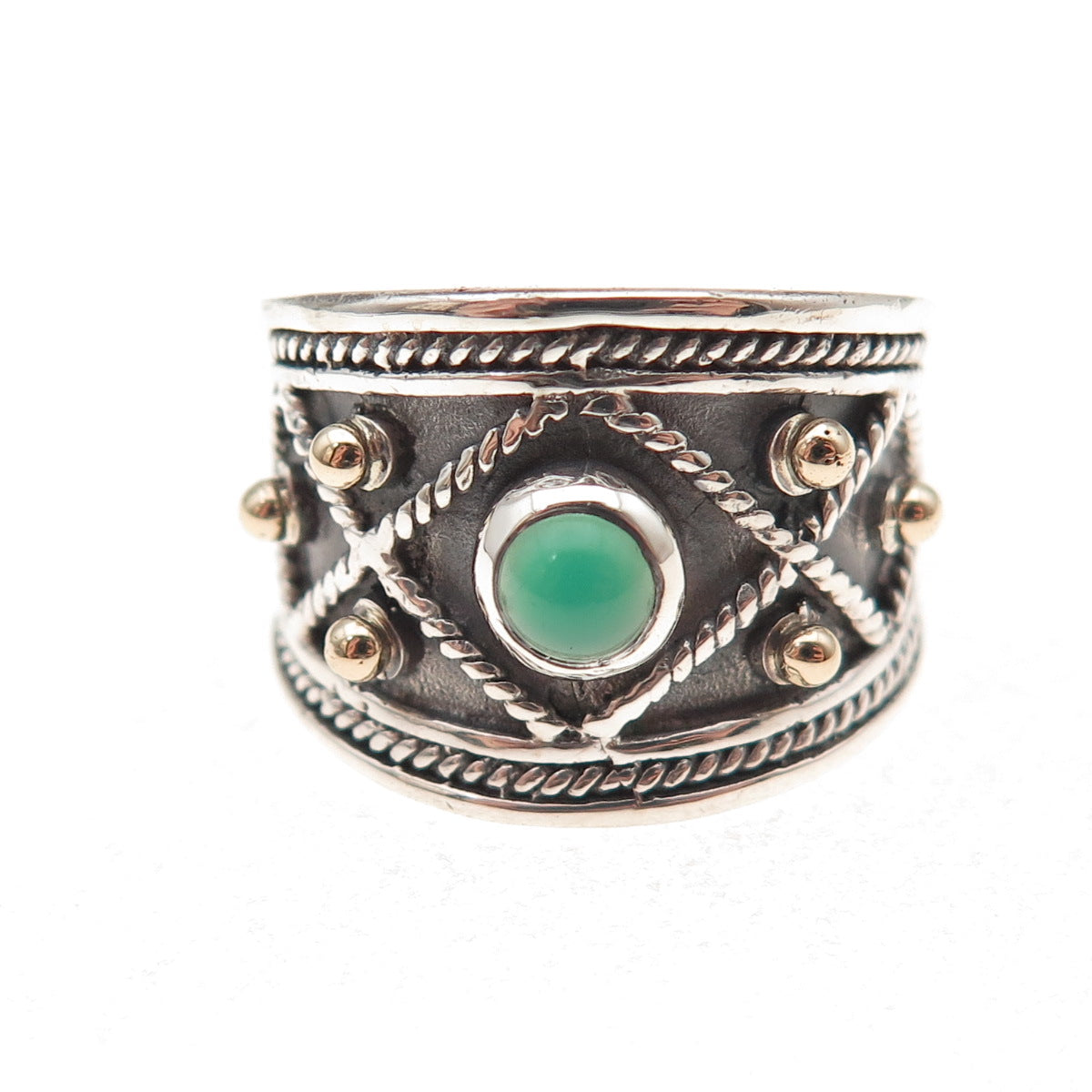 925 Sterling Silver 14K Gold Vintage Real Green Onyx Oxidized Ring Size 6