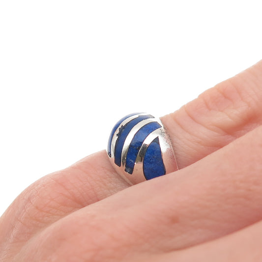 925 Sterling Silver Vintage Real Lapis Oxidized Dome Ring Size 4.5