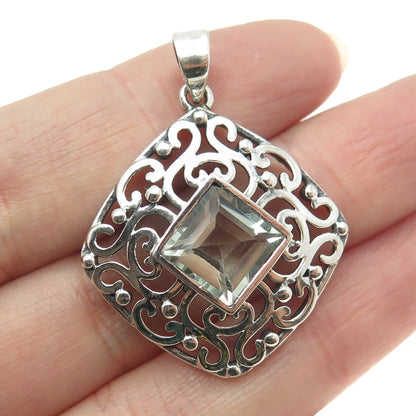 925 Sterling Silver Vintage Real Green Amethyst Swirl Cushion Pendant