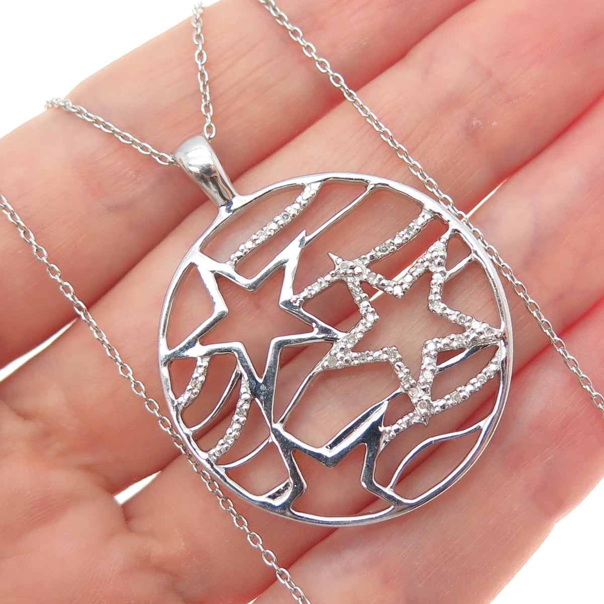 925 Sterling Silver Real Diamond Star Celestial Cable Chain Necklace 16-18"