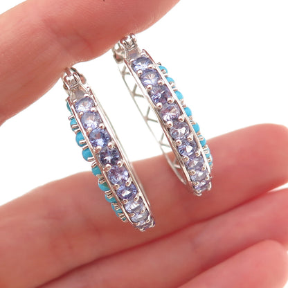 Chuck Clemency 925 Sterling Silver Real Turquoise & Tanzanite Hoop Earrings