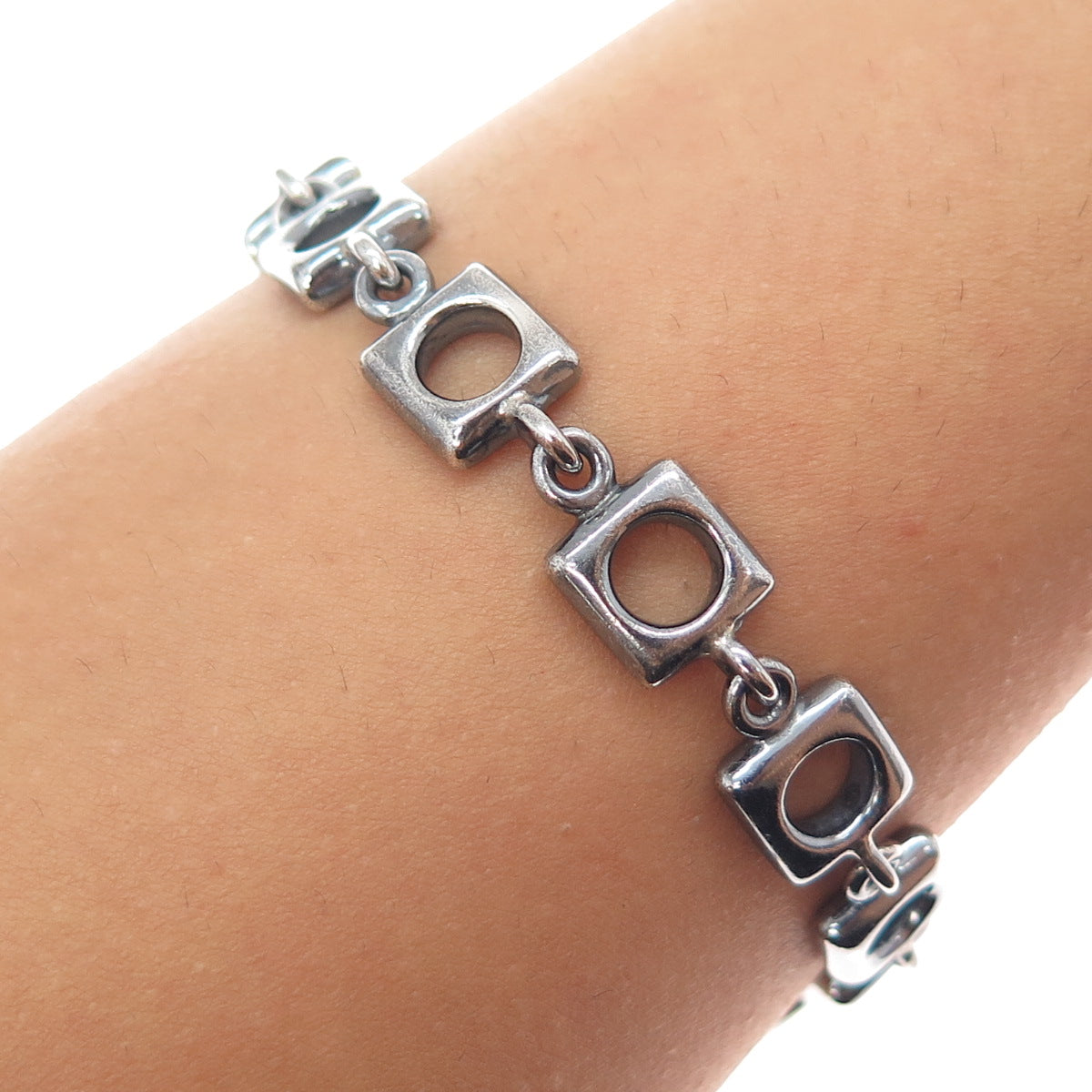 925 Sterling Silver Vintage Modernist Square Link Oxidized Bracelet 6.75"