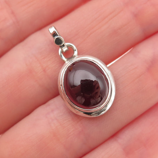 925 Sterling Silver Vintage Real Cabochon Red Garnet Charm Pendant
