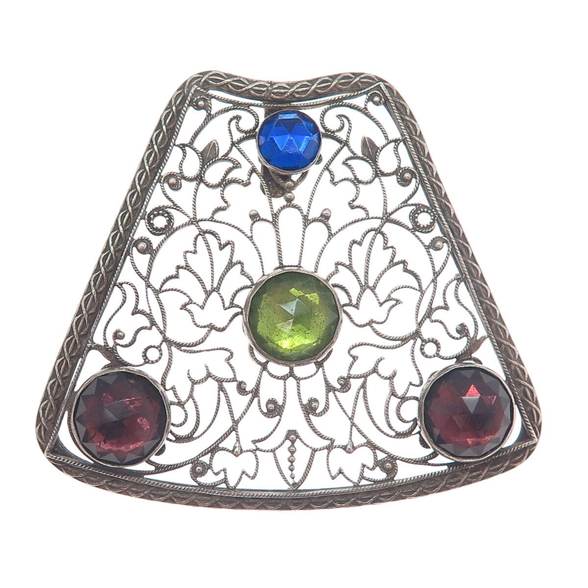 800 Silver Antique Blue Green & Purple Rhinestone Filigree Oxidized Pendant