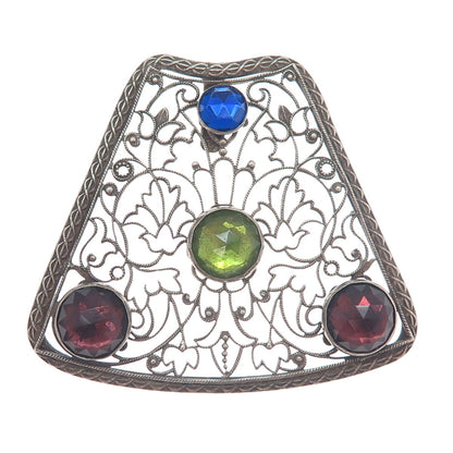 800 Silver Antique Blue Green & Purple Rhinestone Filigree Oxidized Pendant