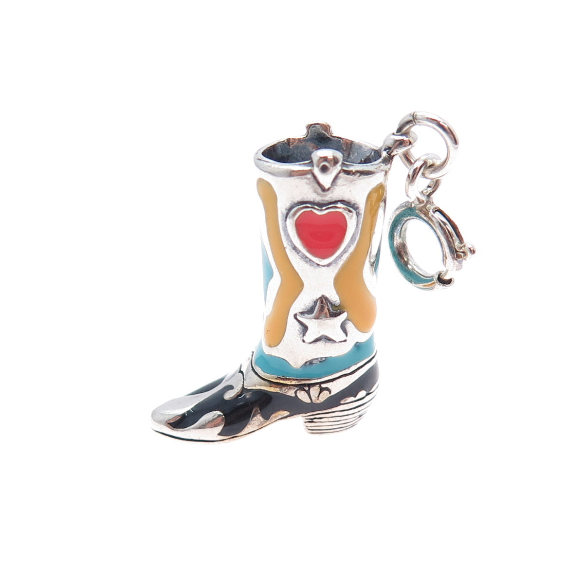 CAROLYN POLLACK 925 Sterling Vintage Enamel Cowboy Shoe Spring Ring Lock Pendant