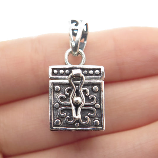 925 Sterling Silver Vintage Ornate Floral Oxidized Pill Box Minimalist Pendant