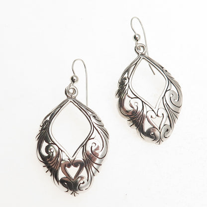 925 Sterling Silver Vintage Floral Heart Oxidized Dangle Earrings