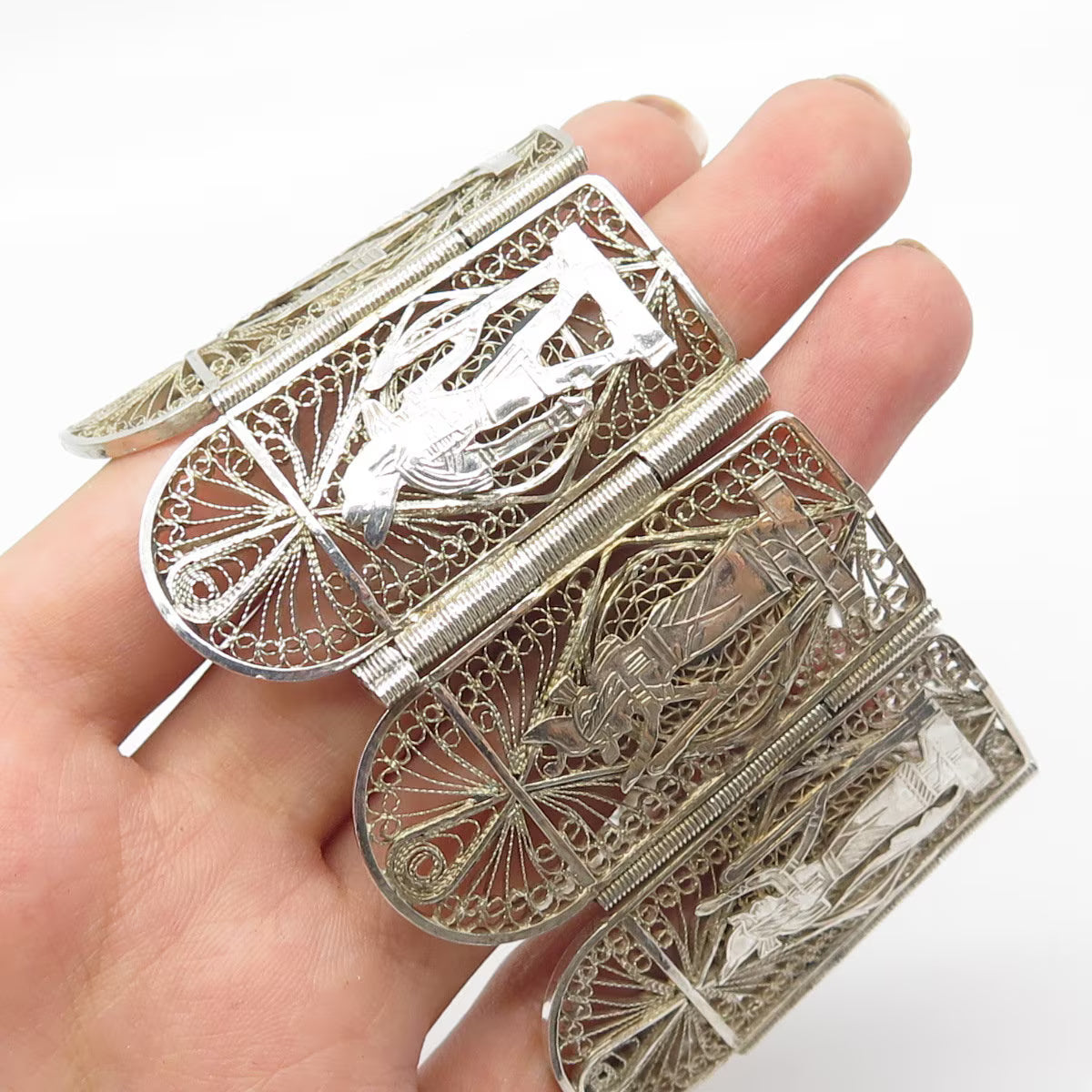 925 Sterling Silver Vintage Egyptian Storyteller Heavy Panel Link Bracelet 6.75"