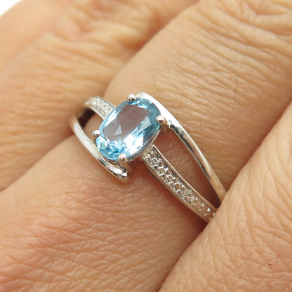 925 Sterling Silver Real Round-Cut Diamond & Blue Topaz Bypass Ring Size 6.75