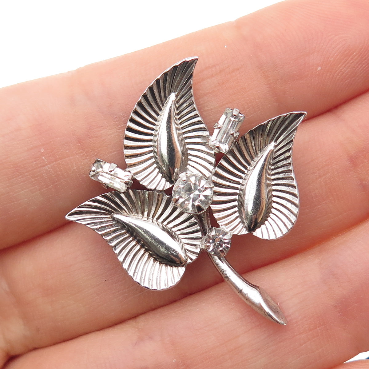 EVERFINE 925 Sterling Silver Antique Art Deco Rhinestone Floral Pin Brooch