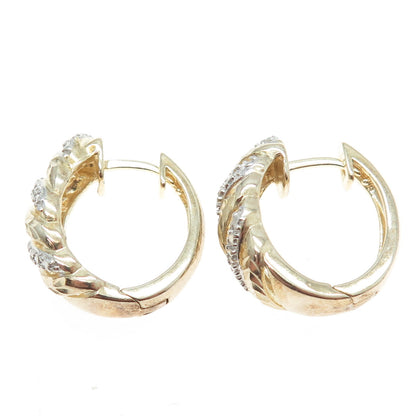 925 Sterling Silver Gold Plated Real Round-Cut Diamond Hoop Earrings