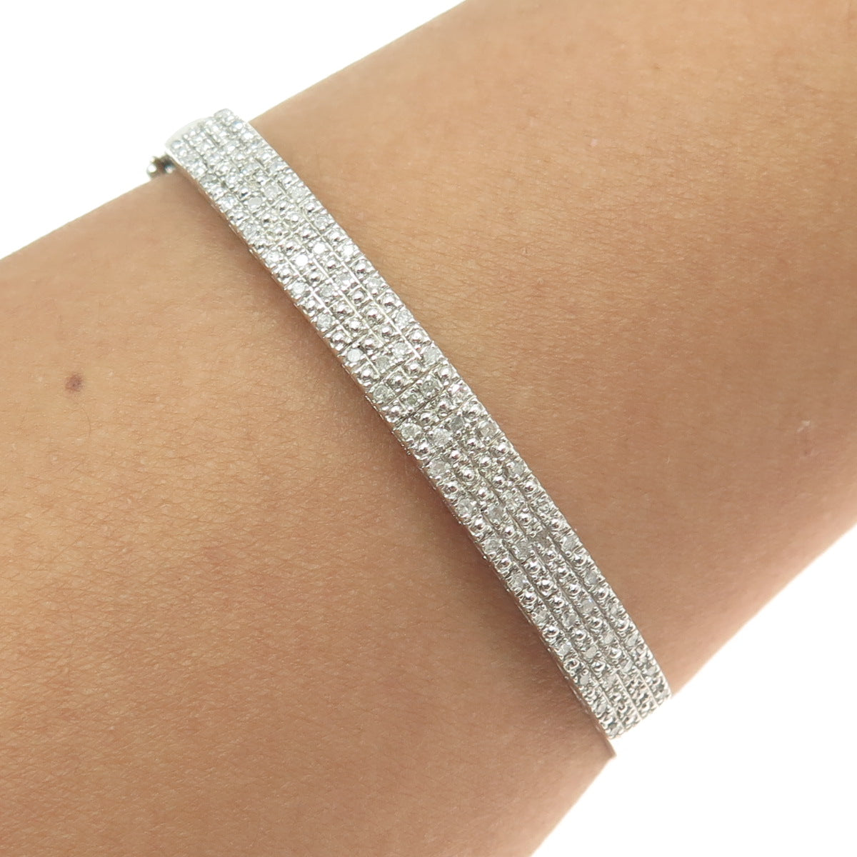 925 Sterling Silver Real Round-Cut Diamond Bangle Bracelet 7.25"