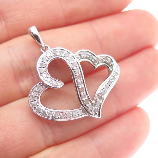 925 Sterling Silver Real Round-Cut Diamond Couple Heart Charm Pendant