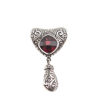 925 Sterling Silver Vintage Real Red Garnet Ornate Heart Slide Dangle Pendant