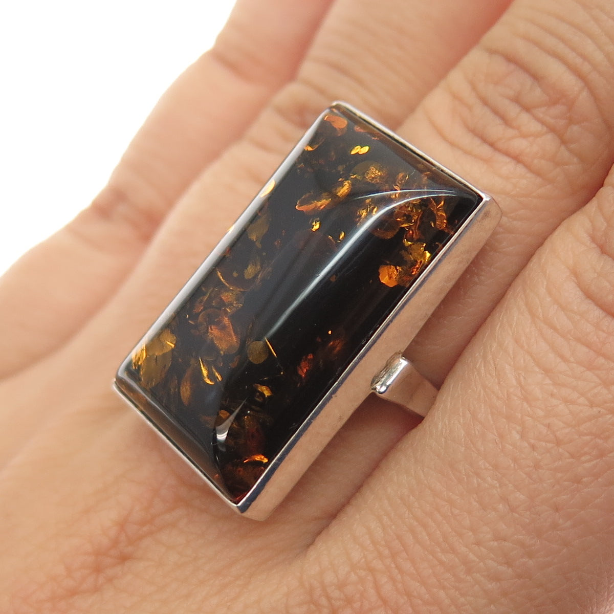 925 Sterling Silver Vintage Poland Real Amber Modernist Ring Size 6.75