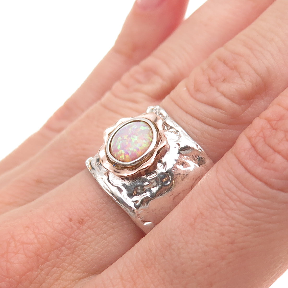 925 Sterling Silver 14K Gold Vintage Real Opal Modernist Hammered Ring Size 8