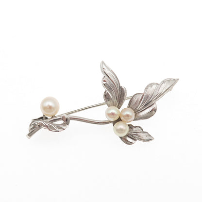 925 Sterling Silver Antique Japan Real Akoya Pearl Floral Pin Brooch