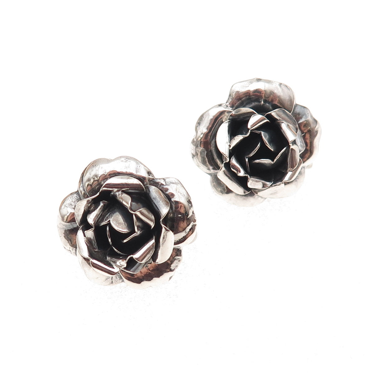 925 Sterling Silver Antique Art Deco Rose Flower Oxidized Screw Back Earrings