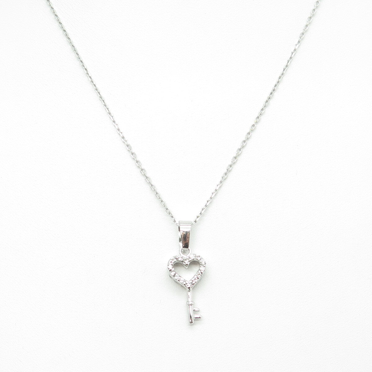 925 Sterling Silver Round-Cut C Z Open Heart Key Cable Chain Necklace 18"