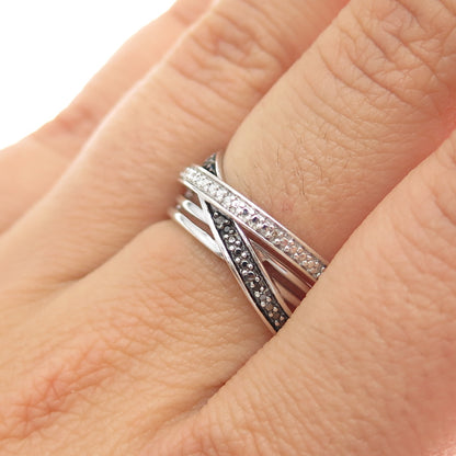 925 Sterling Silver Real Black & White Diamond Crisscross Ring Size 7