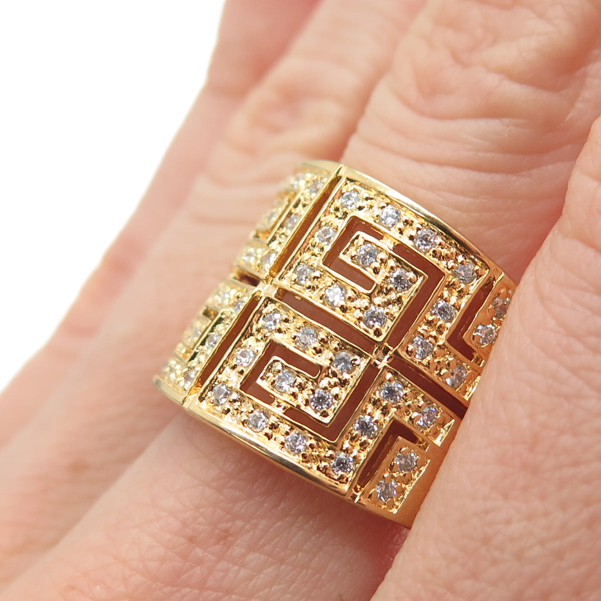 925 Sterling Silver Gold Plated Round-Cut C Z Greek Maze Ring Size 7