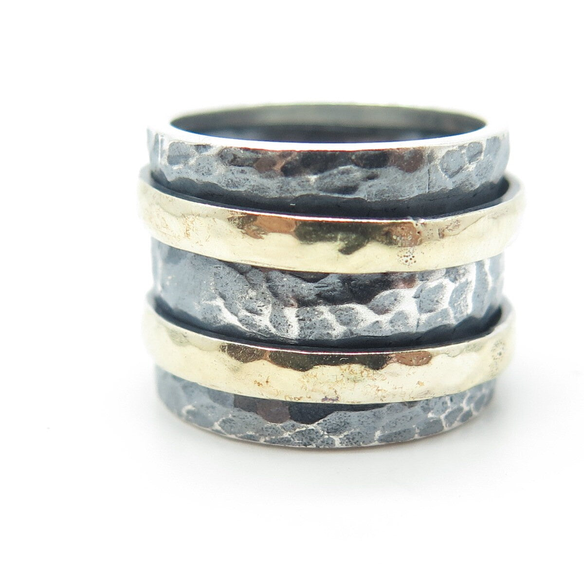 925 Sterling Silver Vintage 2-Tone Oxidized Hammered Rotating Ring Size 6