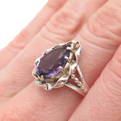 925 Sterling Silver Vintage Real Amethyst Teardrop Oxidized Ring Size 6.75