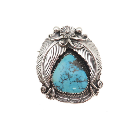 Old Pawn 925 Sterling Silver Vintage Morenci Turquoise Floral Pin Brooch Pendant