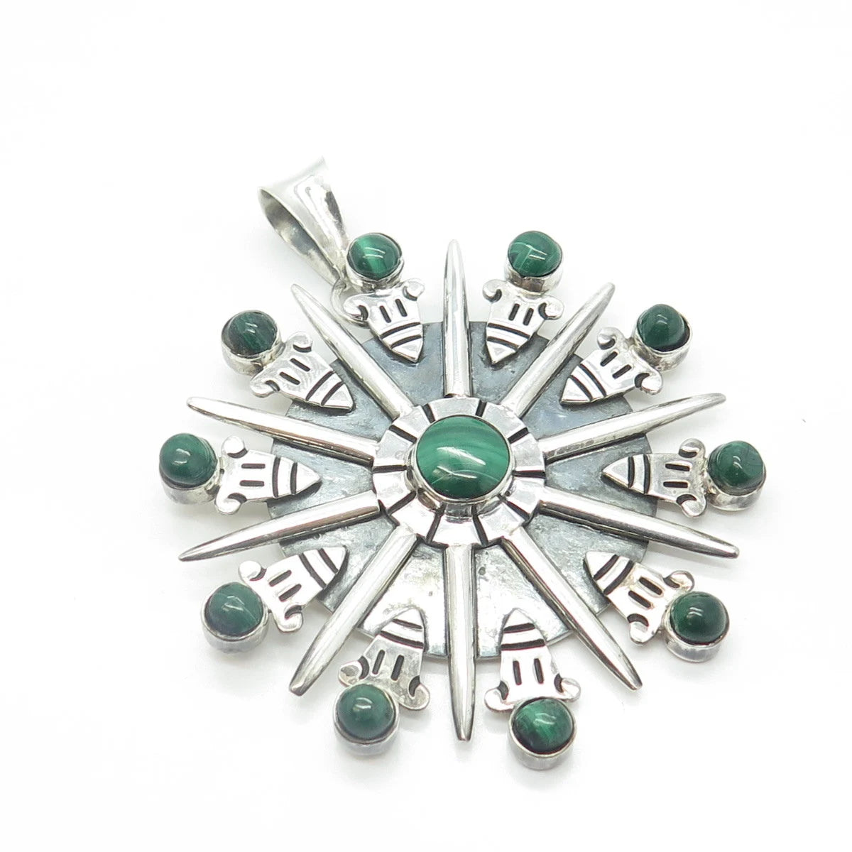 925 Sterling Silver Vintage Mexico Real Malachite Fortune Wheel Pendant