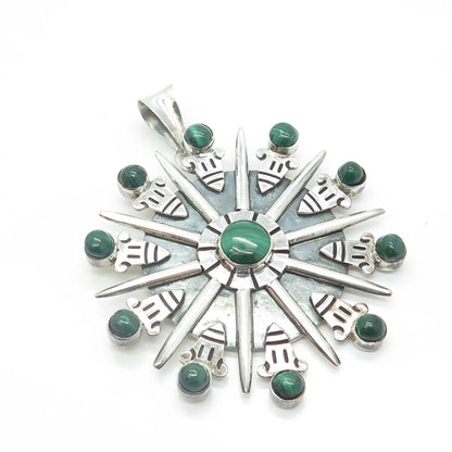 925 Sterling Silver Vintage Mexico Real Malachite Fortune Wheel Pendant