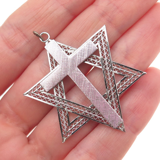 925 Sterling Silver Vintage Cross Star of David Judaica Charm Pendant