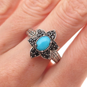 Chuck Clemency 925 Sterling Silver Real Turquoise & Spinel Floral Ring Size 8.25