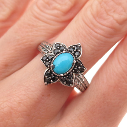 Chuck Clemency 925 Sterling Silver Real Turquoise & Spinel Floral Ring Size 8.25