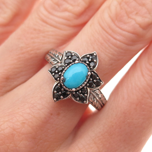 Chuck Clemency 925 Sterling Silver Real Turquoise & Spinel Floral Ring Size 8.25