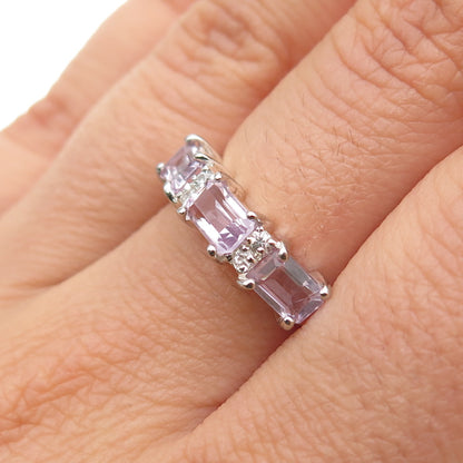 925 Sterling Silver Vintage Real Emerald-Cut Amethyst Round-Cut C Z Ring Size 7