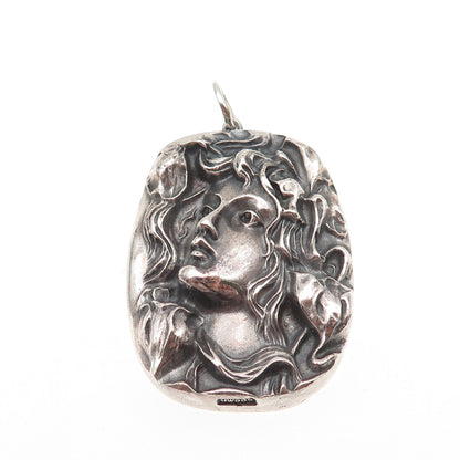HENRYK WINOGRAD 999 Fine Silver Antique Art Deco Repousse Lady Oxidized Pendant