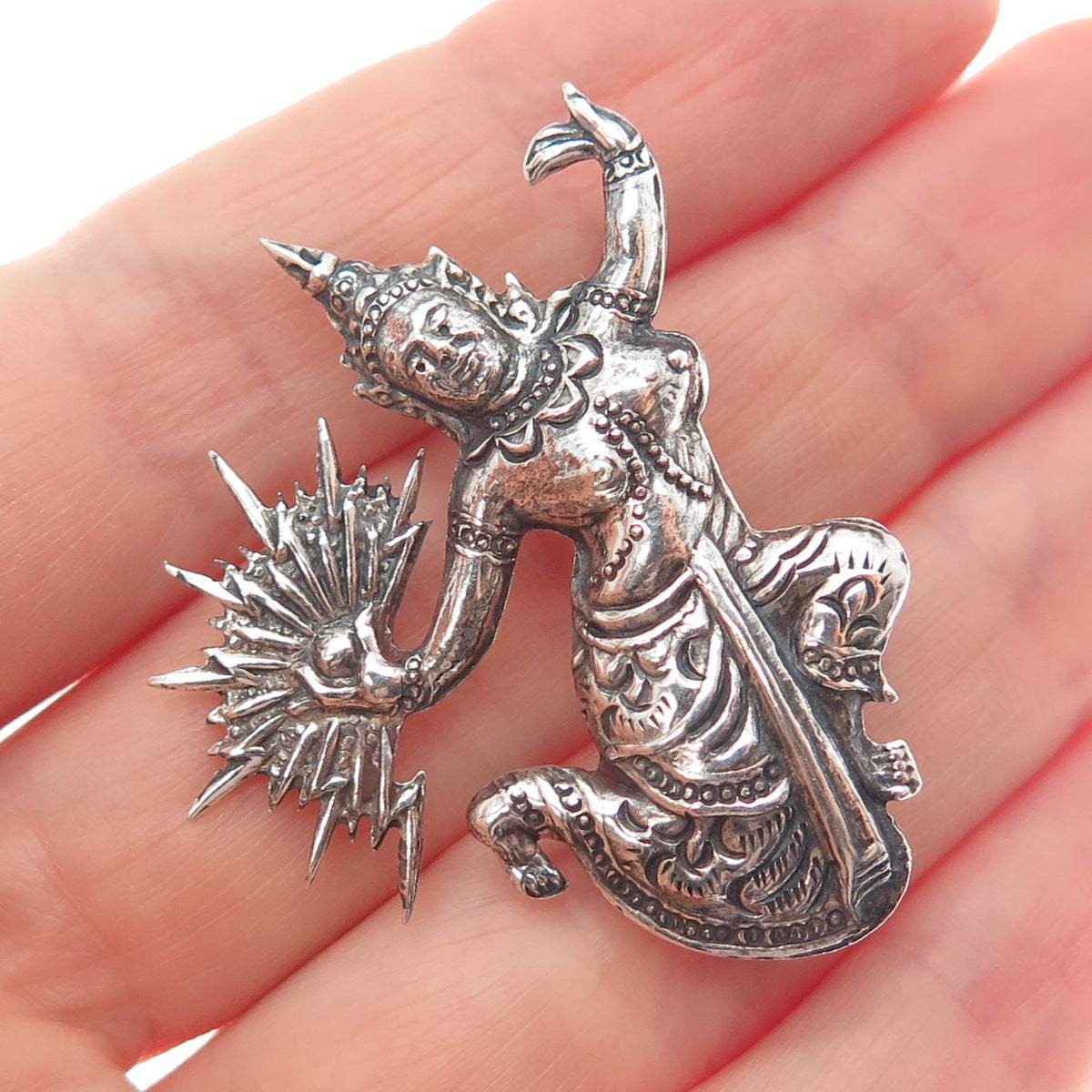 925 Sterling Silver Antique KA Artisan Siam Hindu Goddess Oxidized Pin Brooch