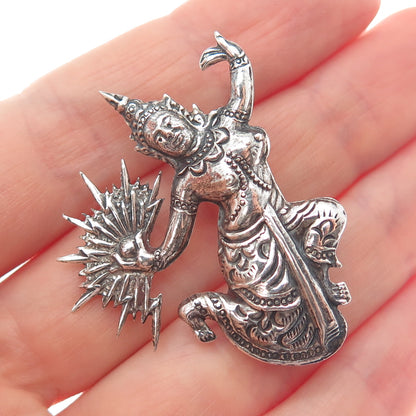 925 Sterling Silver Antique KA Artisan Siam Hindu Goddess Oxidized Pin Brooch