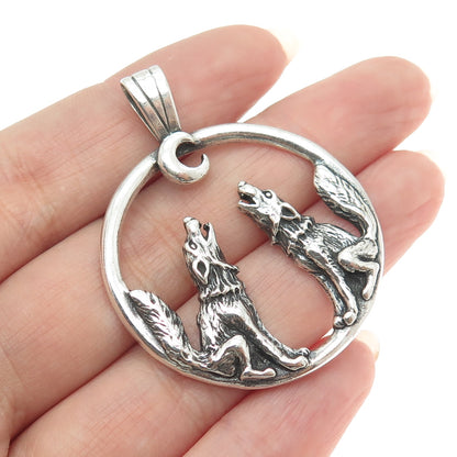 SHUBE 925 Sterling Silver Vintage Couple of Howling Wolves Pendant