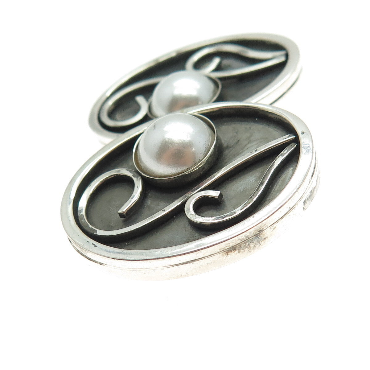 CELIA SEBIRI Sterling Silver Vintage Pearl Modernist Oxidized Clip On Earrings