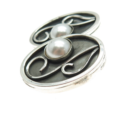 CELIA SEBIRI Sterling Silver Vintage Pearl Modernist Oxidized Clip On Earrings