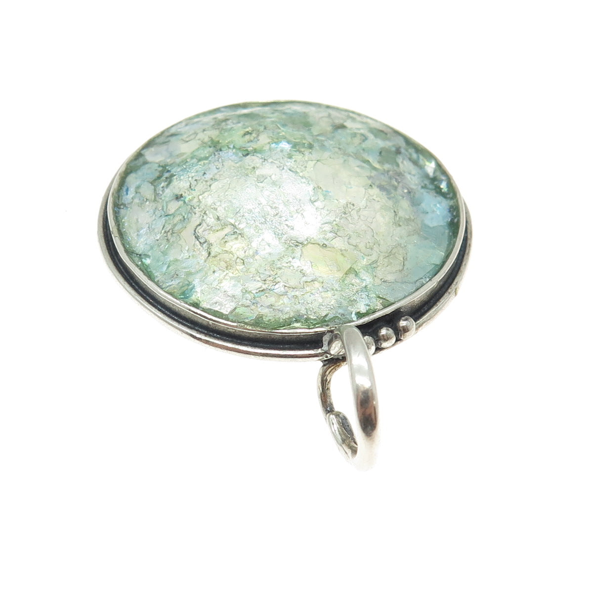 925 Sterling Silver Vintage Roman Glass Modernist Round Pendant