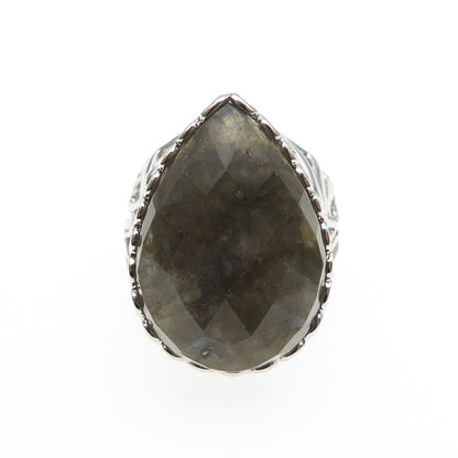925 Sterling Silver Real Labradorite Floral Teardrop Ring Size 8.25