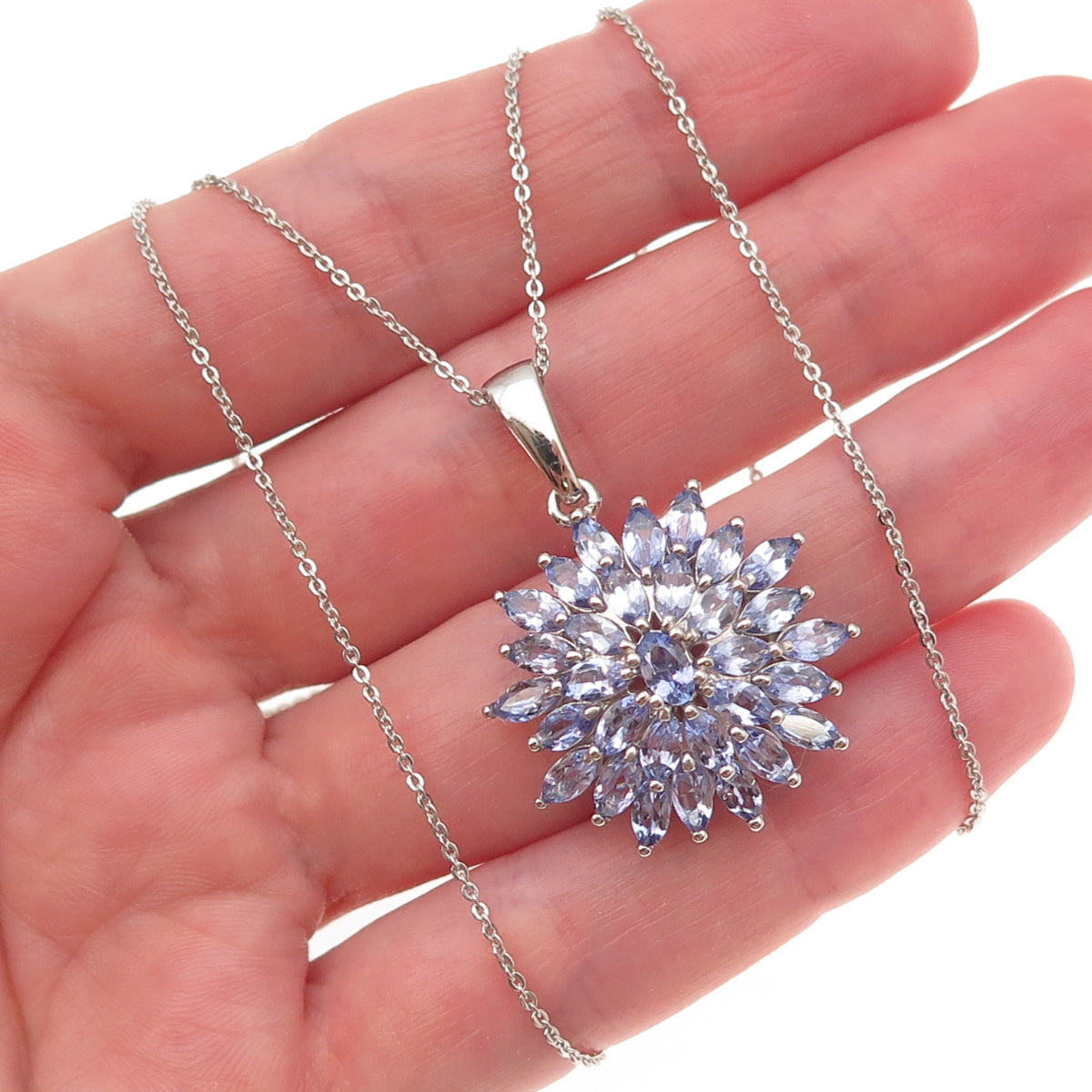 D'Joy 925 Sterling Silver Real Tanzanite Floral Cable Chain Necklace 20"