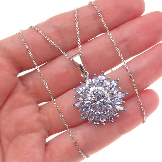 D'Joy 925 Sterling Silver Real Tanzanite Floral Cable Chain Necklace 20"