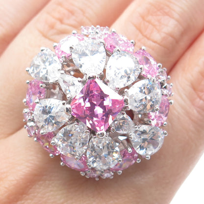 925 Sterling Silver White & Pink C Z Wide Domed Ring Size 8.25