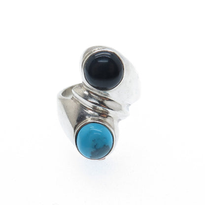 925 Sterling Silver Vintage Mexico Real Turquoise & Black Onyx Ring Size 7.5